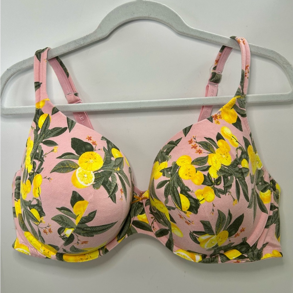 Cacique Lightly Lined T-Shirt Pink & Yellow Lemon Print Bra 46D